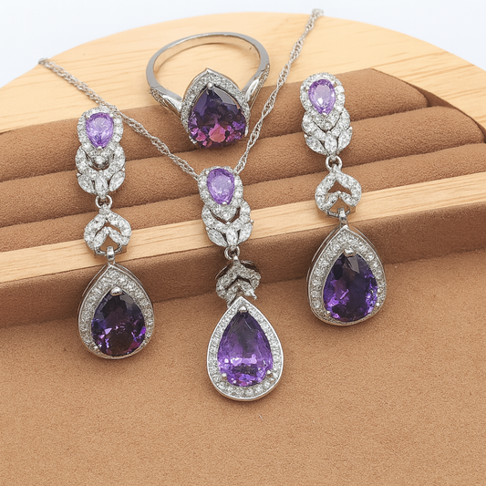 TrulyChoose amethyst jewelry set for women with purple gemstones and silver detailing including necklace, ring, and earrings