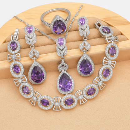 TrulyChoose amethyst jewelry set for women with silver necklace ring earrings and bracelet featuring purple gemstones