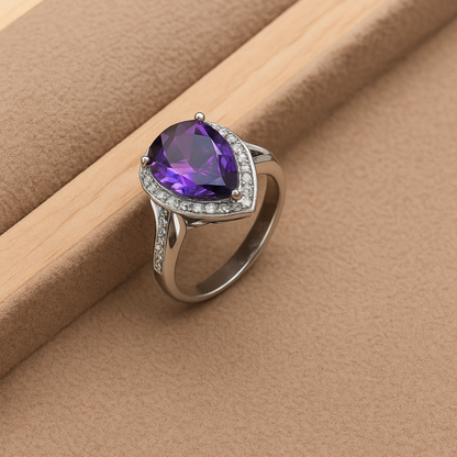 TrulyChoose amethyst jewelry set for women featuring a silver ring with a pear-shaped purple amethyst and surrounding small clear stones