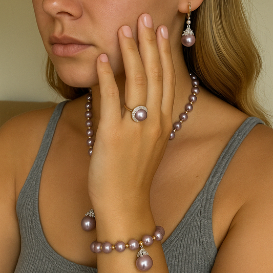 Woman wearing Truly Choose luxury pearl jewelry set with necklace, bracelet, ring, and earrings