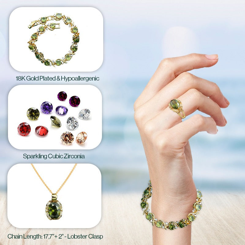 Luxury peridot jewelry set featuring 18K gold plated bracelet, peridot ring, and necklace with sparkling cubic zirconia accents