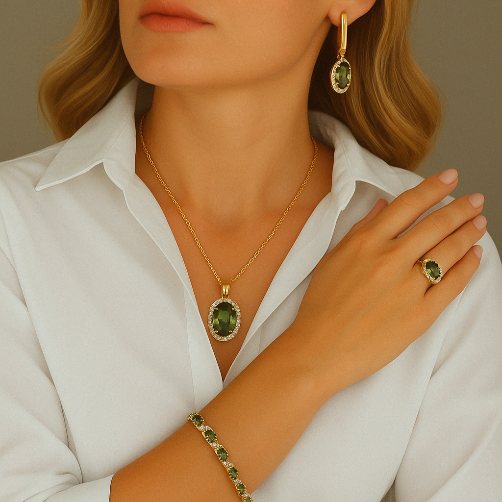 Luxury peridot jewelry set including earrings necklace bracelet and ring worn with white blouse