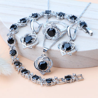 Royal Heart-Shaped Silver Hand - Crafted Gemstone Pendant Earring Bracelet & Ring Set For Women