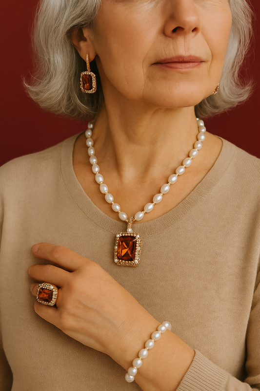 Truly Choose elegant pearl jewelry set with amber gemstone earrings necklace ring and bracelet