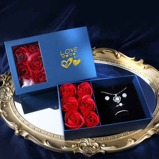 6 Rose Flower Gift Box Necklace Earrings Bracelet Ring Storage For Women