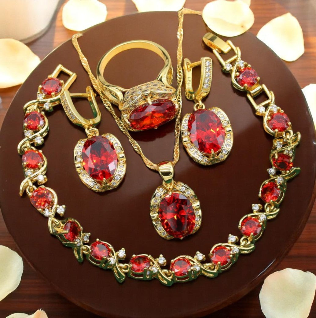 Summer Ember - July birthstone - Luxury Peridot Ruby Pendant Earring Bracelet & Ring Set For Women