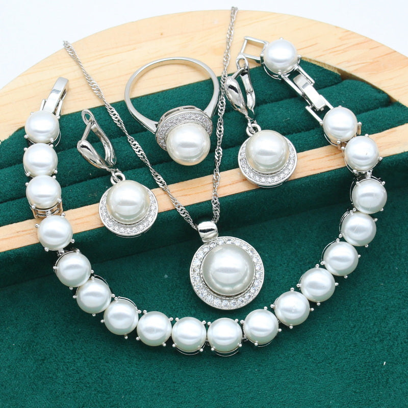 Crystal Leaf Silver Pearl Pendant Earring Bracelet & Ring Set For Women