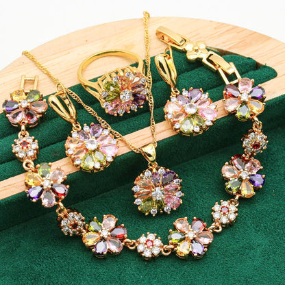 Garden of Jewels - Gold & Silver Hand - Crafted Pendant Earring Bracelet & Ring Set For Women