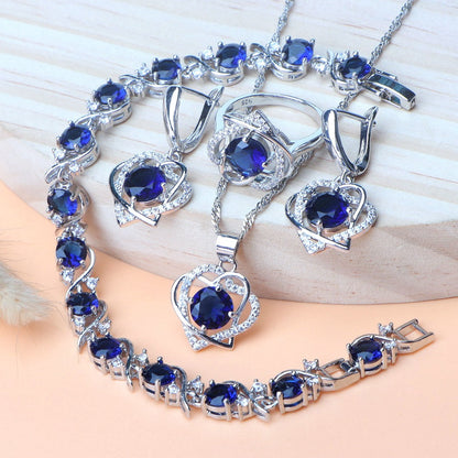 Royal Heart-Shaped Silver Hand - Crafted Gemstone Pendant Earring Bracelet & Ring Set For Women