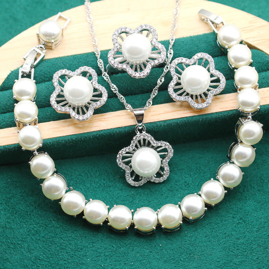 Crystal Leaf Silver Pearl Pendant Earring Bracelet & Ring Set For Women